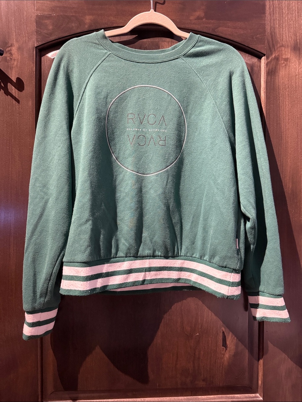 RVCA Green Crewneck Sweatshirt with Pink & White Stripes